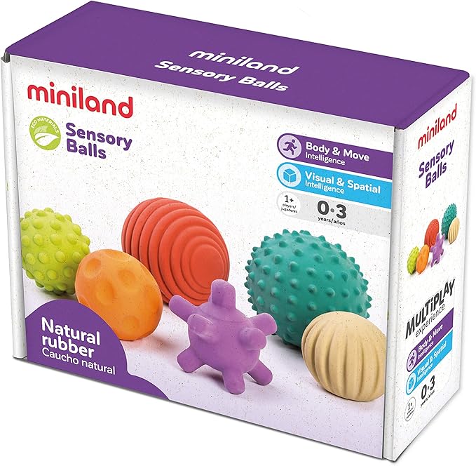 Miniland Sensory Balls, Babies Birth to Toddlers Age 4, Natural Rubber Latex, Soft Teething Toys, Easy Grip Play, Textured, Colors Multi-Sensory Stimulation, Motor Skill Development