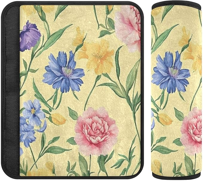 Car Seat Belt Pads Covers 2 Pcs Soft Seat Belt Shoulder Strap Covers Pad for Women Men Kids S Florals Carnation Delphinium Flower Yellow