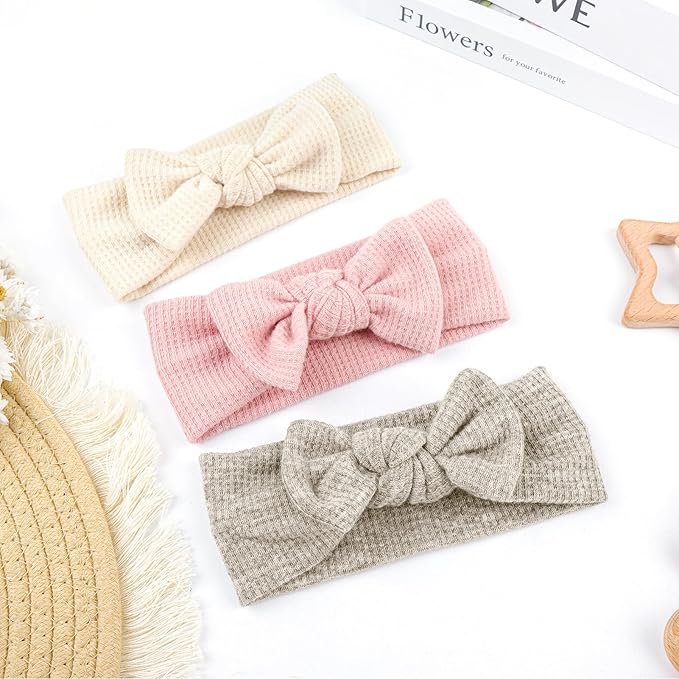 Hairband with Bows - Classic Headband Bow for Baby Girl Toddler Girls Hair Accessories, 3Pcs, Beige, Dark Khaki, Light Pink