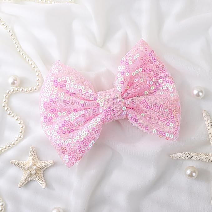 Hair Bows Clips, 5 inches Sequins Large Bow with Alligator Clip for Girls, Hair Accessories for Women Teens Babies Toddlers, Pink Hair Bow