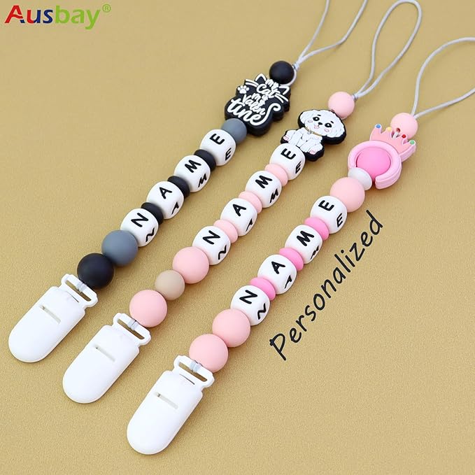 Personalized Pacifier Clip with Name, Custom Animal Pacifier Clip for Baby, Personalized Silicone Pacifier Holder - Boy and Girl Gift (Black)