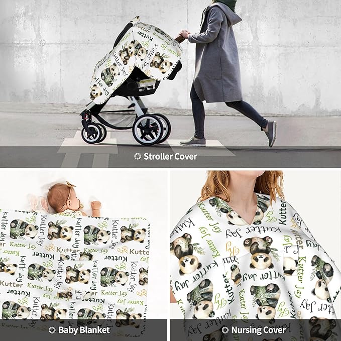 Personalized Winter Carseat Cover for Baby Custom Name Car Seat Canopy for Newborn Baby Boys Girls 2 in 1 Mom Nursing Breastfeeding Covers Panda Minky Baby Carrier Stroller Covers
