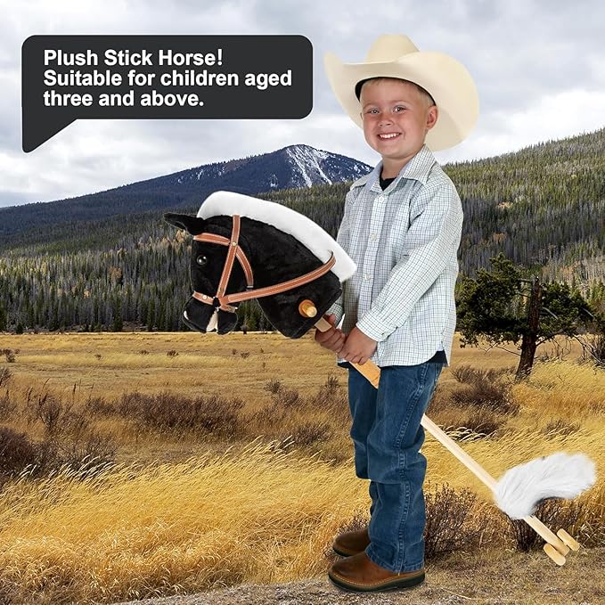 Stick Hobby Horse Riding Toy, Plush Horse for Toddlers Ages 3+, Ride On Toy Fun Pretend Play with Wooden Wheels and Real Pony Clip-Clop Sounds - Black, 39 Inches
