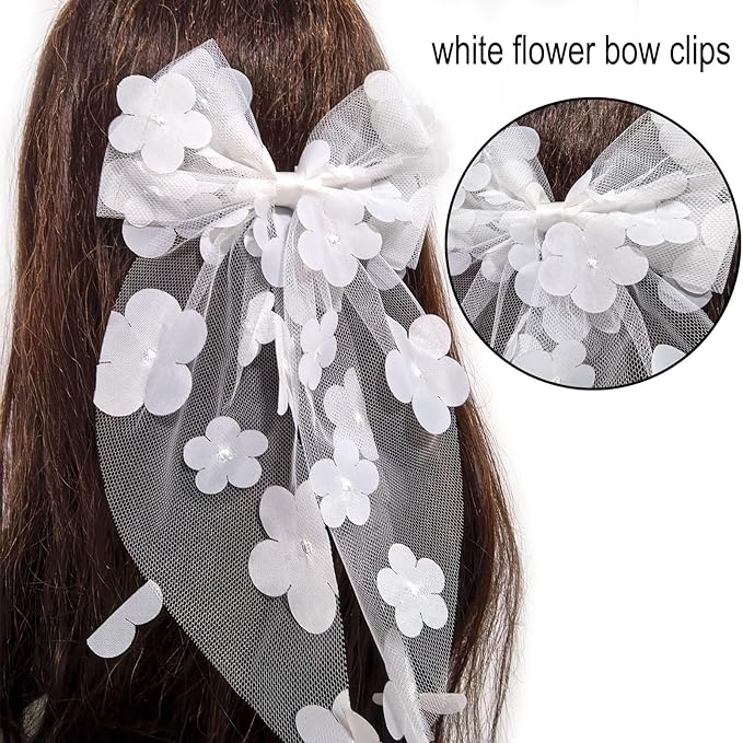 White Flower Bow Hair Clip Mesh Tulle Floral Hair Bow Clips Summer Alligator Clip with Long Tail Hair Accessory for Women Girls Bridal Wedding Bridesmaid Party Headpiece Elegant Hairpin Daily Styling