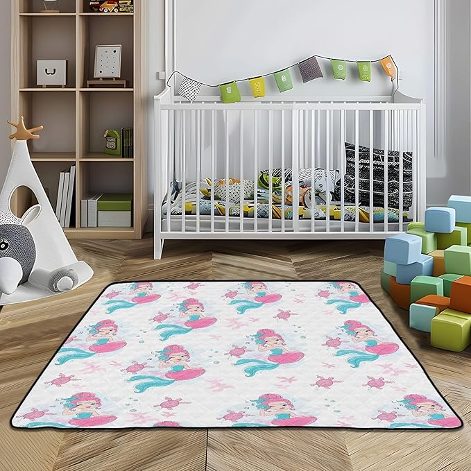 Baby Play Mat Beautiful Mermaid and Turtle 50 x 50 Playpen Mat Baby Play Mats for Floor Play Gym Crawling Mat Non-Slip Cushioned Baby Playmat for Infants, Babies, Toddlers