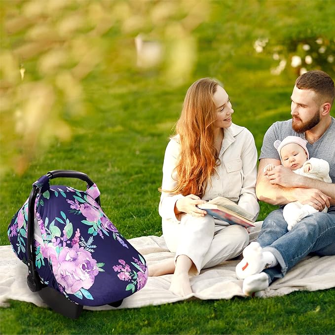 Baby Car Seat Cover, Purple Flower, Infant Carseat Canopy Girls, Summer Cozy Net Cover, Breathable Comfortable, Watercolor Floral