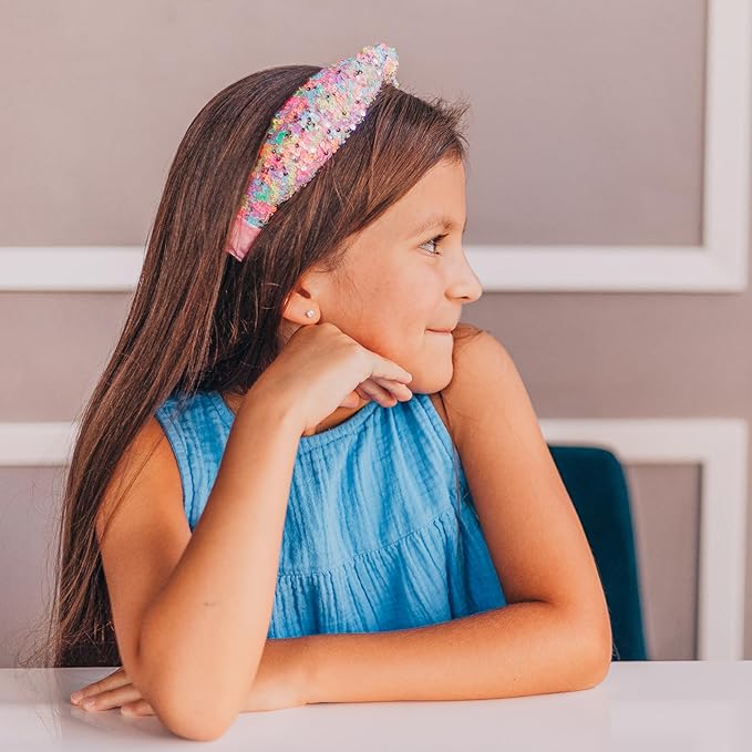 FROG SAC Knotted Headbands for Girls - Rainbow Sequin Knot Head Bands for Kids, Sparkly Toddler Headband, Sparkle Beaded Hair Band Accessories, Easter Basket Fillers Stocking Stuffers