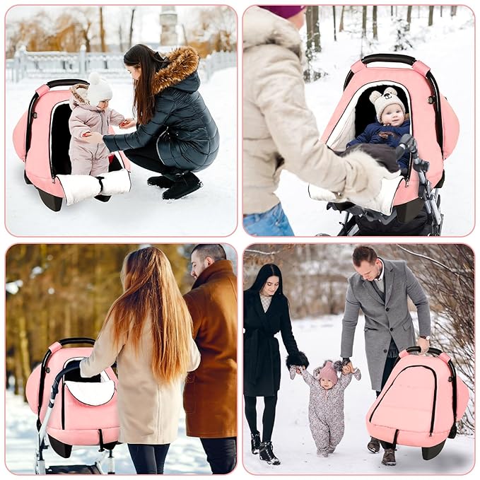 SWESEN Winter Car Seat Covers for Babies, Cozy & Warm Cover, Infant Car Seat Canopy Water Resistant, Universal Cold Weather Shield, Pink