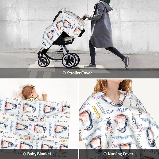 Personalized Winter Carseat Cover for Baby Custom Name Car Seat Canopy for Newborn Baby Boys Girls 2 in 1 Mom Nursing Breastfeeding Covers Penguin Minky Baby Carrier Stroller Covers