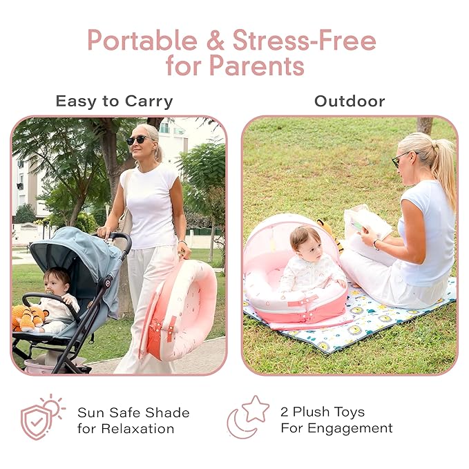 JollyBooยฎ Deluxe Infant Lounger Pillow - Baby Lounger 0-24 Months | Bamboo-Cotton Portable Baby Nest with Foldable Sunshade & 2 Plush Toys | Soft, Breathable Mesh for Cool, Safe Rest (Strawberry)