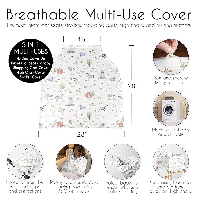 Sweet Jojo Designs Farm Animals Boy Girl Infant Baby Car Seat Cover Nursing Breastfeeding Shopping Cart Stroller Canopy Grey Red Black and White Gender Netural Watercolor Farmhouse Green Barn Horse