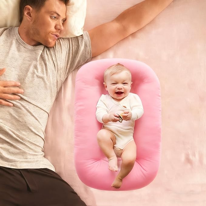 Baby Lounger 0-24 Months 100% Cotton-Snuggle Cozy Me Lounger,Soft & Breathable Baby Lounger for Newborn Play Mat,Infant Babies Essentials Gifts,Pink(Lounger Cover Included)