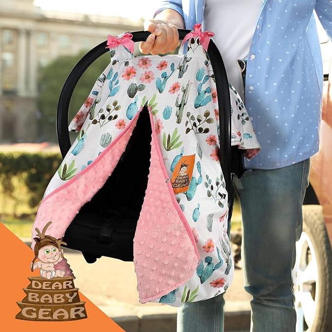 Dear Baby Gear Carseat Canopy with Snap Opening for Girls - Infant Canopies - Nursing Covers - 37" x 29" (Watercolor Cactus Floral, Coral)