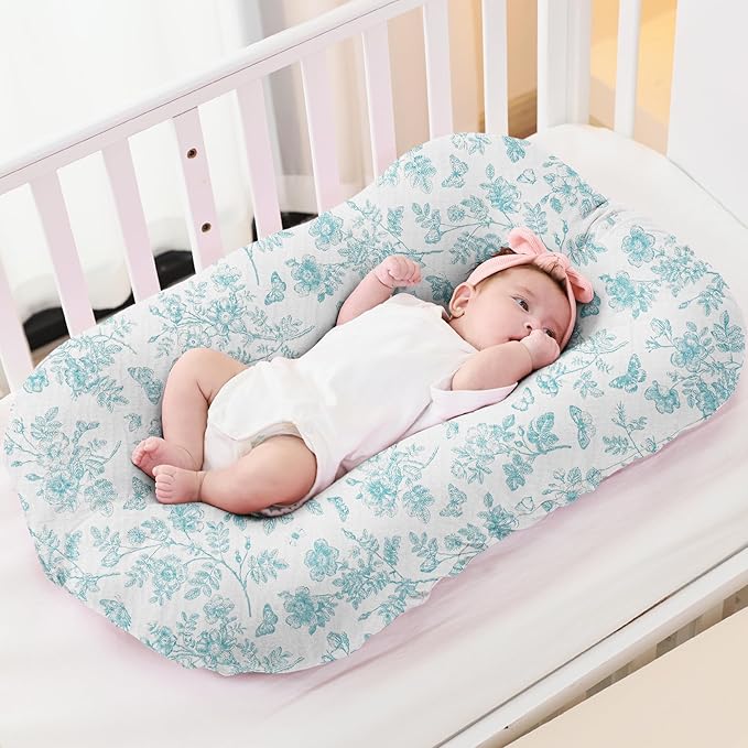 FUNUPUP Muslin Baby Lounger Cover Compatible with Snuggle Me Lounger, Infant Lounger Pillow Cover for Newborn, Removable Newborn Lounger Cover for Boys and Girls, Only Cover, Blue Flower