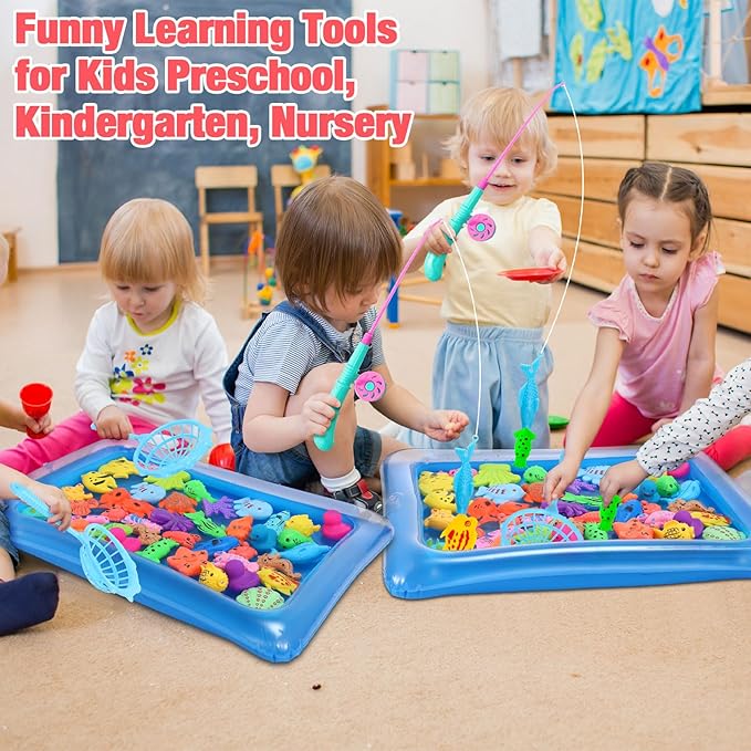 Leyndo 106 Pcs Magnetic Fishing Toys Game Set for Kids 3-6, Includes Fishing Poles, Fish Tanks, Fish Nets, Inflatable Pump, Sea Animals and Rubber Ducks for 5 Players Gifts Summer Pool Party Bath Toys