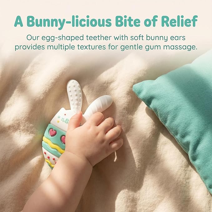 BIGSPINACH Easter Egg Baby Teether,Baby Teething Toy for Pain Relief,Silicone Bunny Rabbit Teether,Easter Gift for Babies,Sensory Toy for Boys & Girl (Light Green)