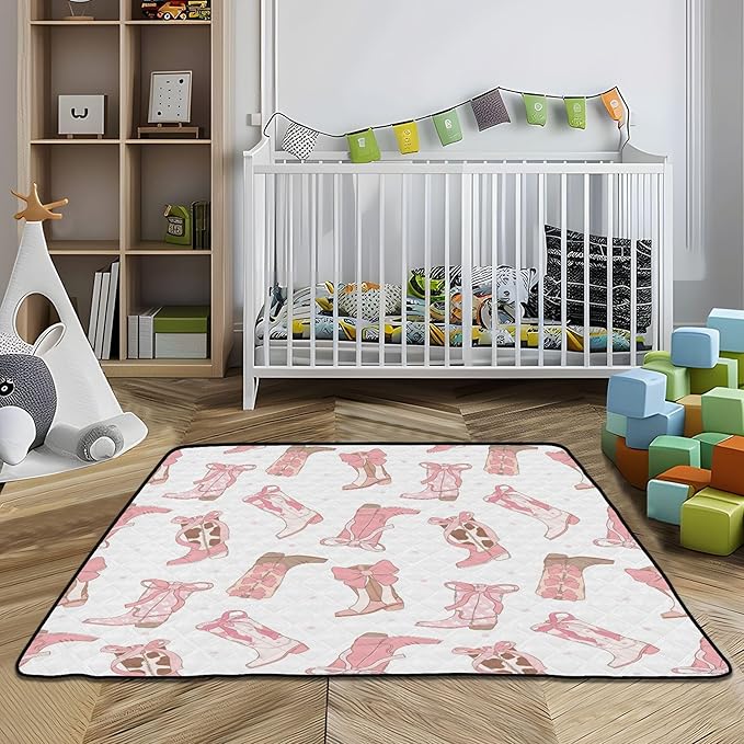 Western Cowgirl Boot Baby Playmat Washable Playroom Crawling Mat Non-Slip Play Mats for Floor 50x50 Mat