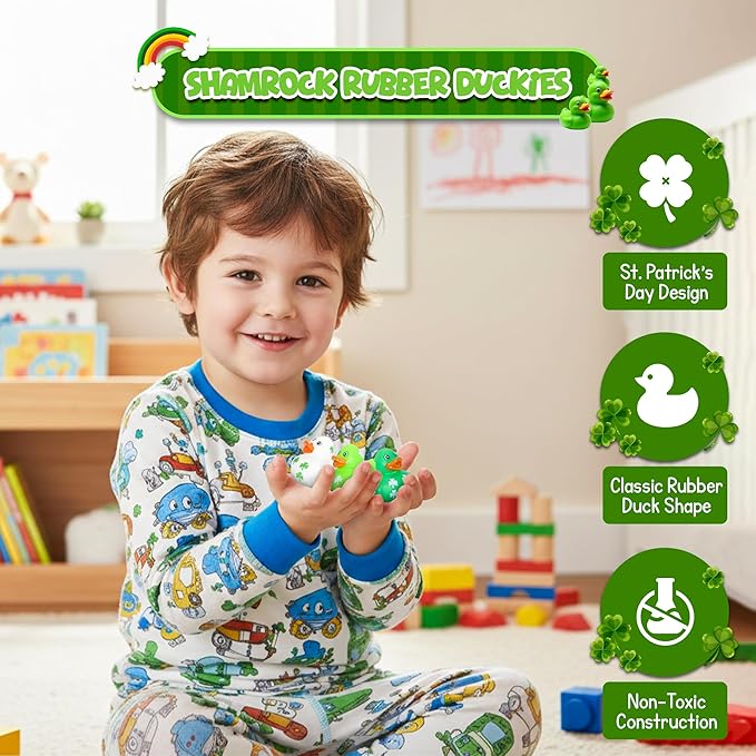 24 Pack St Patricks Day Rubber Ducks - 2 inch Shamrock Rubber Duckies Bulk - Saint Pattys Day Irish Gifts for Adults Kids Party Favors Accessories, Jeep Ducking