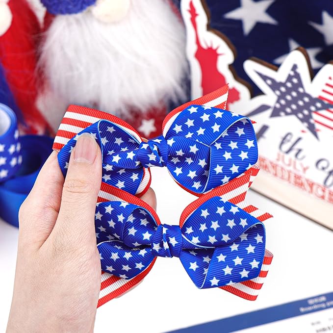 YanJie 4'' 4th of July Bow 2pcs Hair Clips American Flag Hairgrips Girls Patriotic Barrette Red Blue Hair Clips Independence Day Hair Accessories