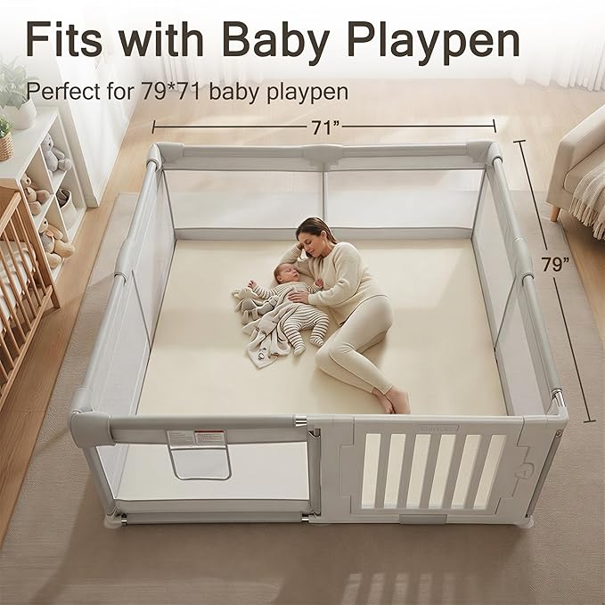 Vegan Leather Baby Play Mat, 79x71 Thicken Foam Play Mat for Infants and Toddlers, Padded & Cushioned Playpen Mat for 79x71 Playpens, 1.3" Thick, Cream