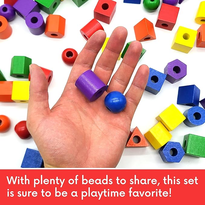 Wooden Lacing Beads for Toddlers 1-3 & 3-5 – 125 PCS with Storage Tub | Stringing Beads for Toddlers 1-3 & Fine Motor Skills Toy for Hand-Eye Coordination & Color Sorting