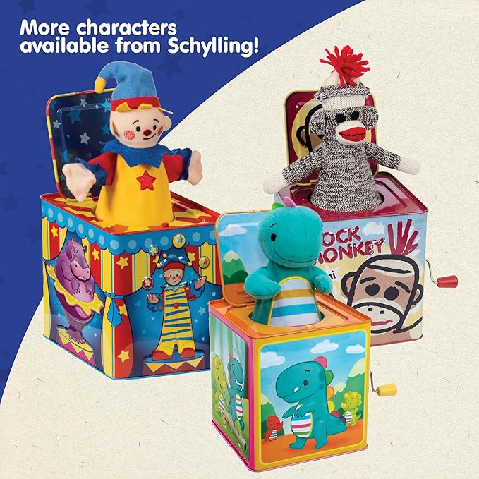 Schylling Polka Puppy Jack in the Box - Classic Children's Musical Toy that Dances - Colorful Embossed Tin Box and Lovable Puppy Plush - Age 18 months and Up