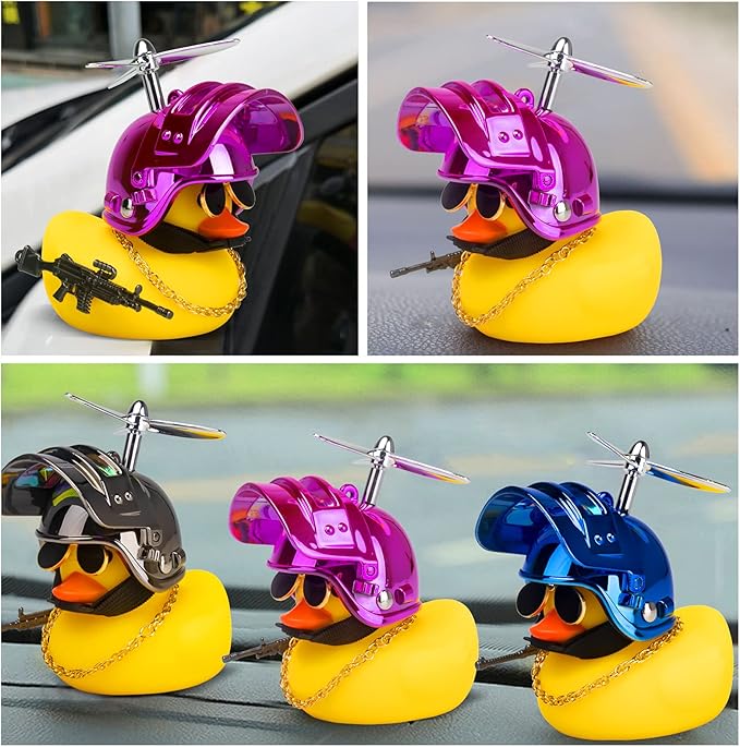 wonuu Rubber Yellow Duck Car Ornaments Cool Duck Car Dashboard Decorations with Propeller Helmet Sunglasses (Colorful Pink-Yellow G)