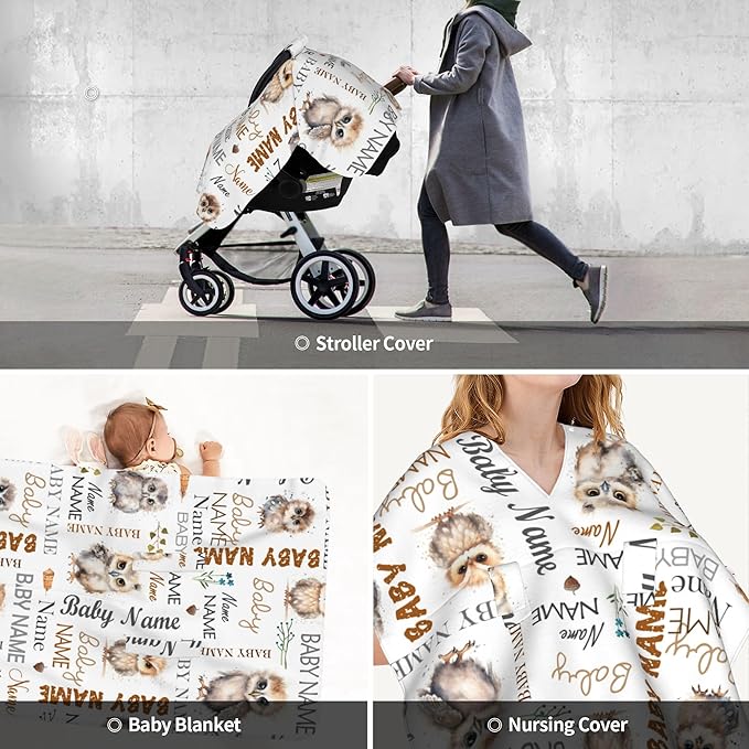 Personalized Baby Car Seat Cover Winter Custom Minky Carseat Cover Boy Girls with Name Owl Carseat Canopy Customized Car Seat Canopy Infant Carrier Covers Nursing Cover Toddler Blanket