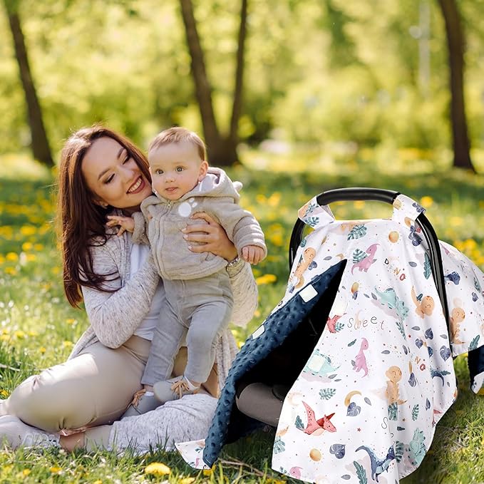 Baby Car Seat Cover for Boy, Minky Warm Winter Car Seat Covers for Babies, Peekaboo Opening Infant Car Seat Cover, Nursing Cover Carseat Canopy, Cute Dinosaur