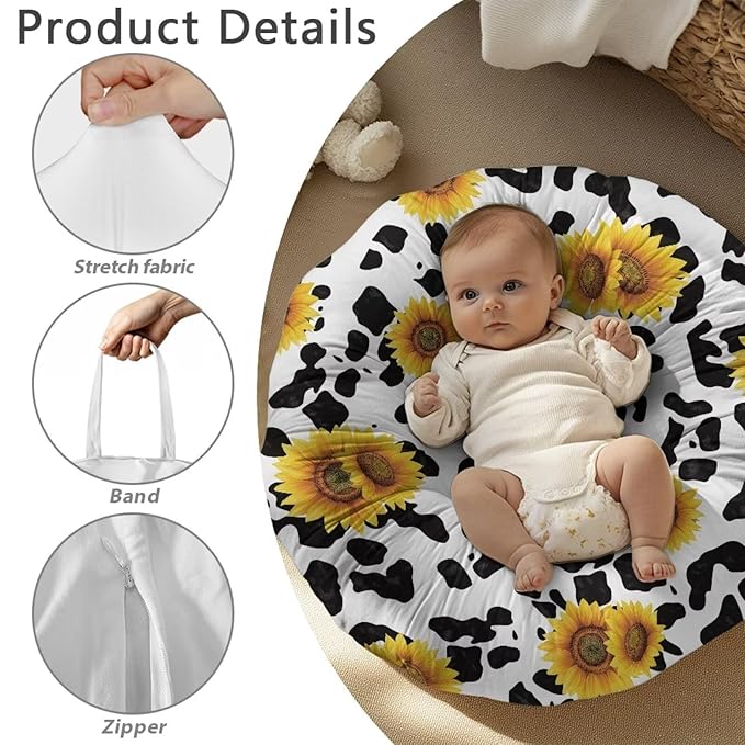 Cow Stripes and Sunflower Baby Lounger Cover Lounger Cover for Boys Girls Comfy Fit Infant Lounger for Baby, Infant Removable Slipcover Stain Resistant and Scratch Resistant