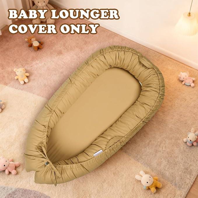 Baby Lounger Cover for Boys and Girls, Khaki 100% Cotton Baby Nest Cover, Breathable Replacement Cover for Infant and Newborn Snuggle Me Lounger, Cover Only