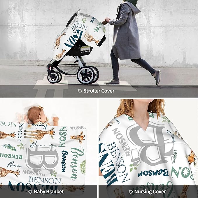 Personalized Winter Car Seat Covers for Babies with Name Giraffe Minky Baby Car Seat Cover for Boys Girls Custom Infant Carseat Covers Baby Blanket Nursing Cover Breastfeeding Scarf
