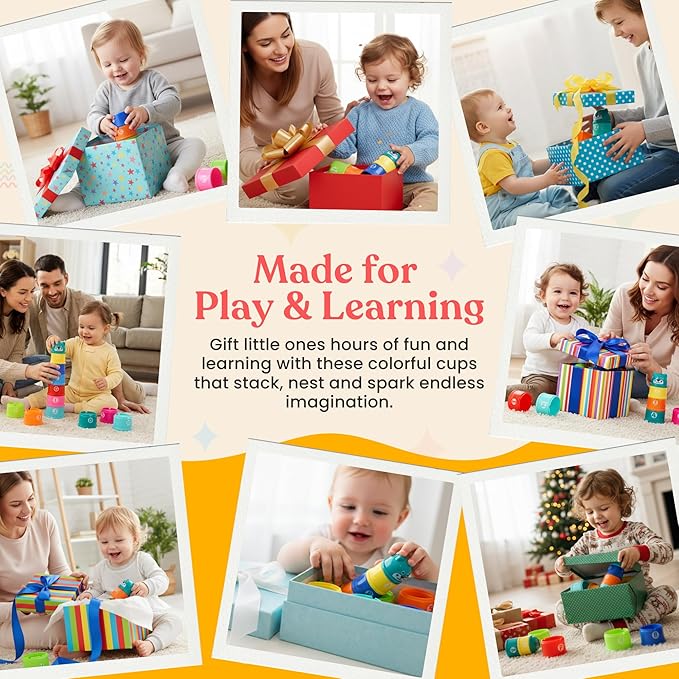 Educational Stacking Toys for Toddlers 1–3 | Numbers & Alphabet Stacking Cups Set | 10-Piece Baby Stacking Cups for Babies 6–12 Months & Toddlers 1–3 | Montessori Learning Toy, Rainbow (10Pcs)