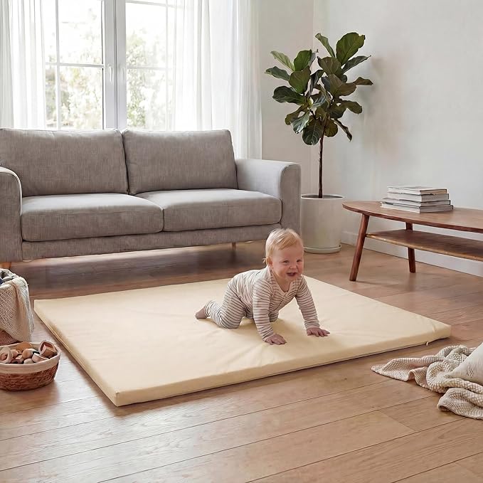 Huloo Sleep Baby Play Mat 50x50 Inches,1.3" Thick Padded Waterproof Floor Cushion & Playpen Mat with Vegan Leather,Non-Slip & Non-Toxic Nursery Rug for Infants, Toddlers & Kids(Beige)