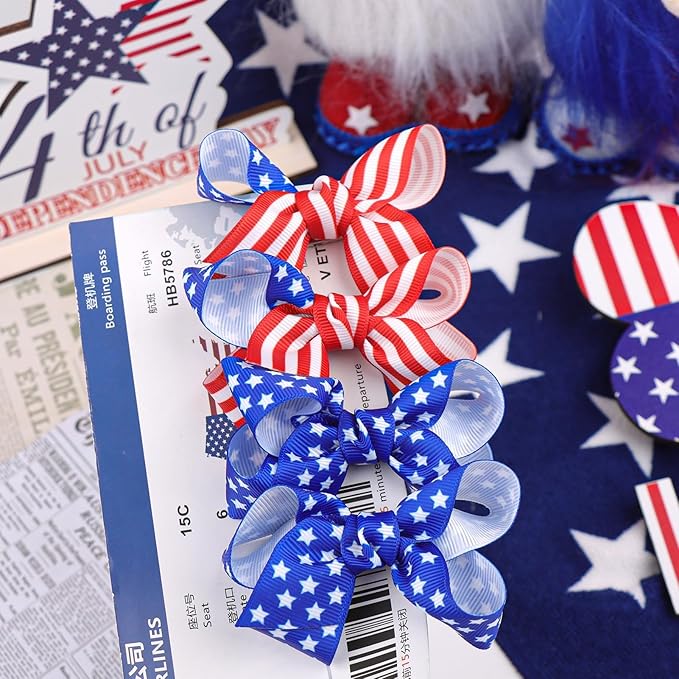 YanJie 4th of July 3'' Bow Hair Clips 4pcs Red Blue Ribbon Star Baby Girl Clips American Flag Clips Patriotic Hairpins Girls Hair Accessories