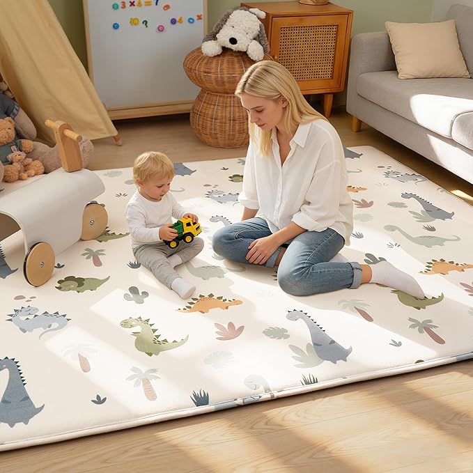 1.5" Thick Premium Baby Floor Play Mat, 71x59 Over-Sized Padded Memory Foam Mat, Tummy Time Crawling Playmat for Nursery Kids Playroom, Dinosaurs