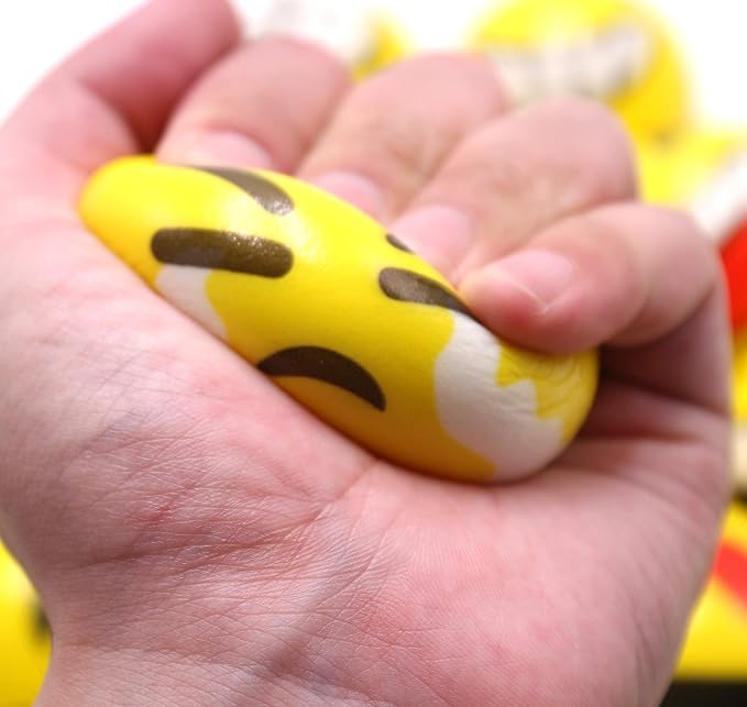 Set of 12 - Fun Face Stress Balls Cute Hand Wrist Stress Reliefs Squeeze Balls for Kids and Adults at School or Office Party Favors (Yellow Color Random Faces) (Latest)