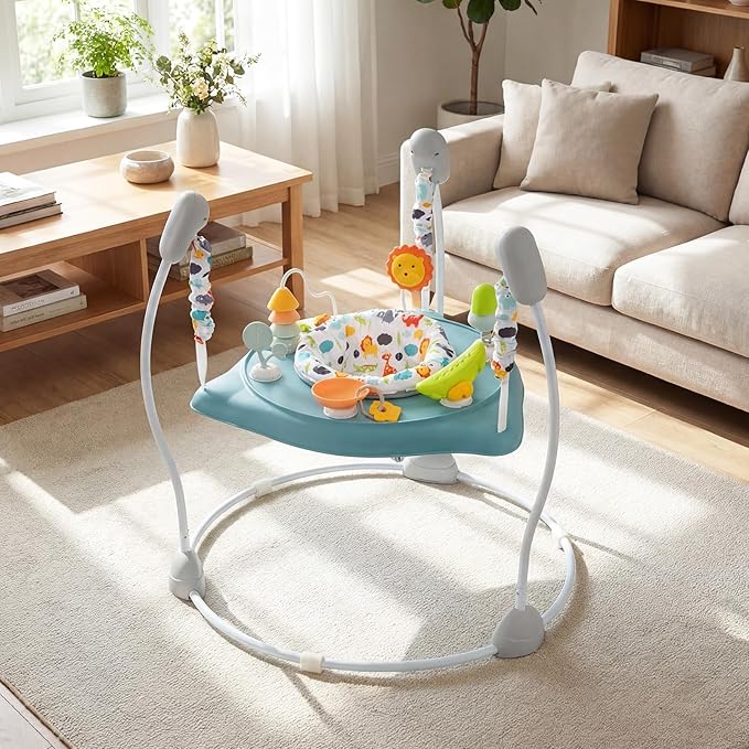 BABY JOY Baby Activity Center, Baby Jumpers and Bouncers with Music, 360° Rotating Seat, 3 Adjustable Heights, Montessori-Inspired Activity Center for Baby 7-15 Months (Baby Blue)