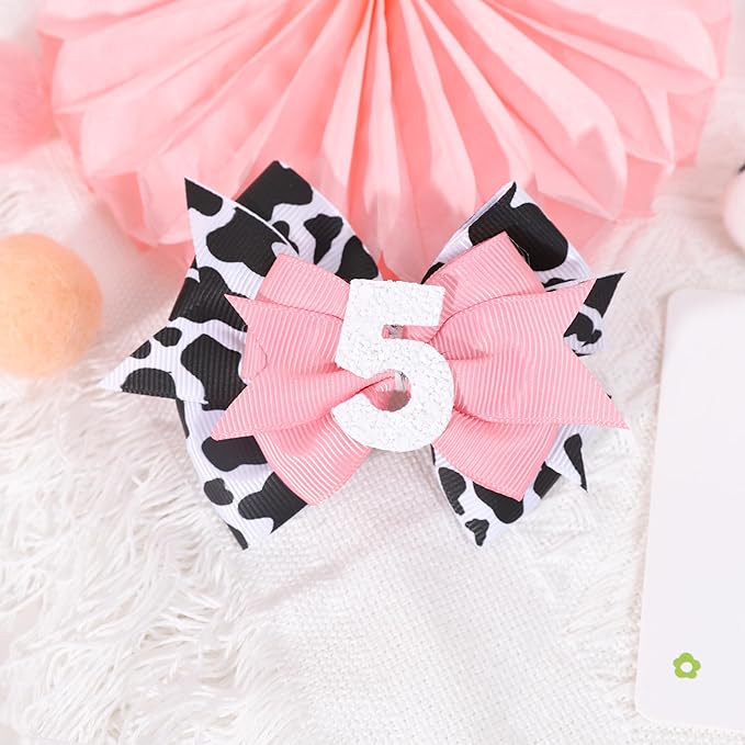 Cow Print Bow Headband for Baby Girl 5th Birthday Party Decorations, Pink Bow Headband, Farm Animal Themed Party Decor, Medium Sized, 1 Count