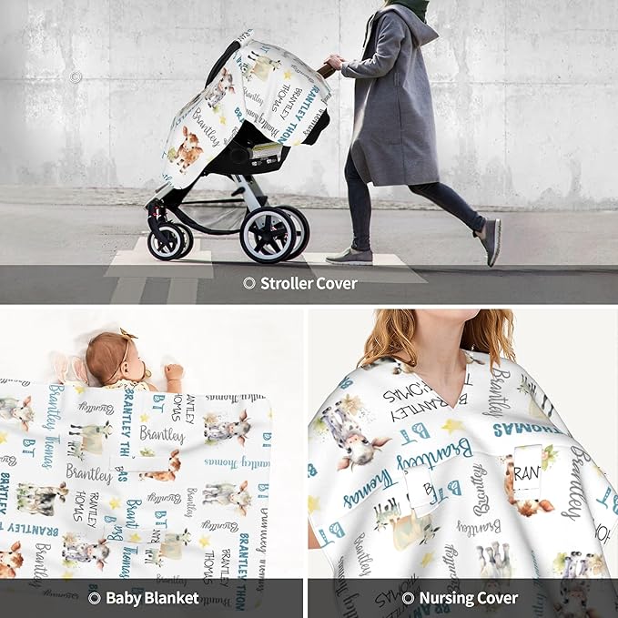 Custom Baby Car Seat Canopy Personalized Car Seat Covers with Name for Baby Boys Girls Customized Cow Nursing Breastfeeding Cover Infant Carseat Canopies Newborn Minky Baby Blanket