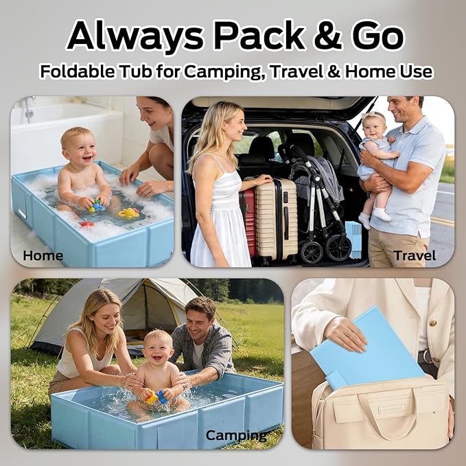 Collapsible Baby Bathtub, Foldable Infant Bath Tub with Non-Slip Base, Portable Travel Baby Bath for Newborns & Toddlers Indoor Outdoor Use, Baby Shower Gift, Blue