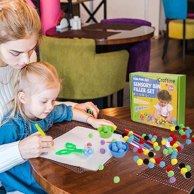 170 PCS Counting Sorting Fine Motor Skills Sensory Bin Filler Include 12 Sorting Bowls, 150 Pom Poms, 6 Tweezers, 2 Scooper Scissors for Kids Early Education, Sorting Counting Training