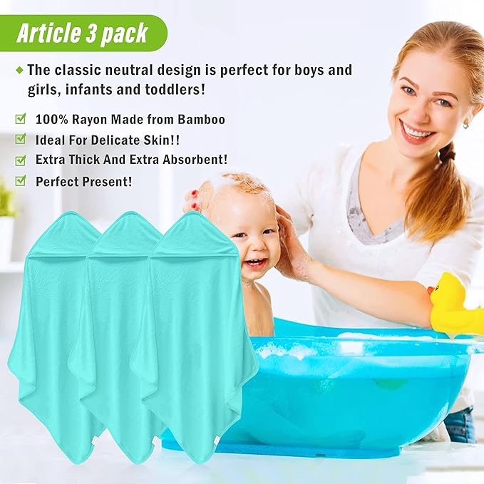 Cosy Family 3 Pack Baby Hooded Towels, Rayon Made from Bamboo, Soft Unisex Bath Towels for Babies,Toddler,Infant - Newborn Essential - Ultra Absorbent Toddler Towels for Baby Boy Girl - Aquamarine