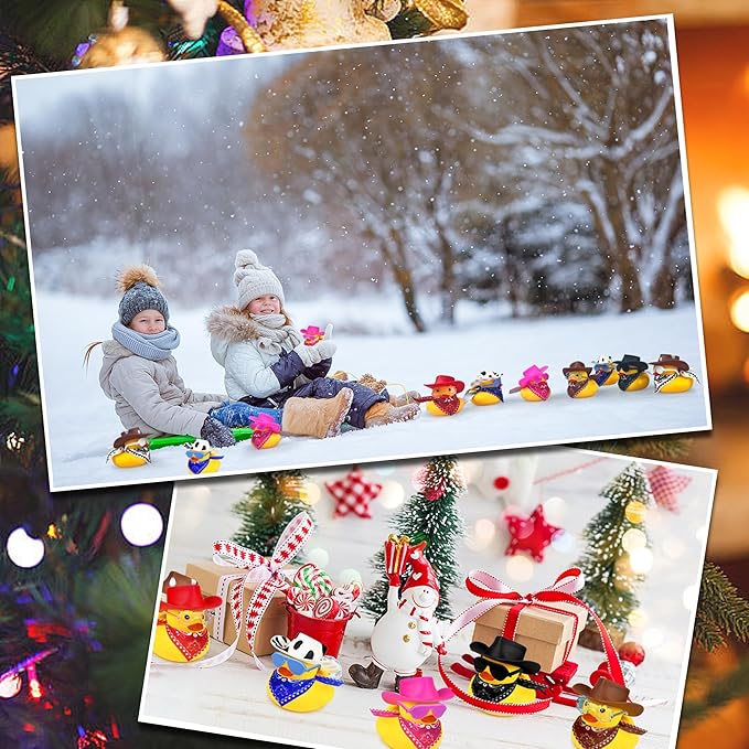 12 Sets Cowboy Ducks with Mini Hat Scarf and Sunglasses Mini Bath Duck Toys for Birthday Swimming Party Gift Favor Decorations