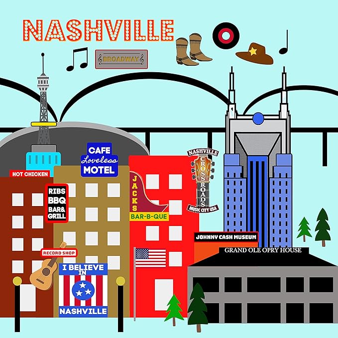 Baby Jack & Co 8x8” Learning Lovey Nashville Tennessee Tag Toys for Babies - Baby Crinkle Toys - Soft & Safe - Learn USA Cities and Shapes - Ideal Baby Toy & Gift BPA Free w/Stroller Clip
