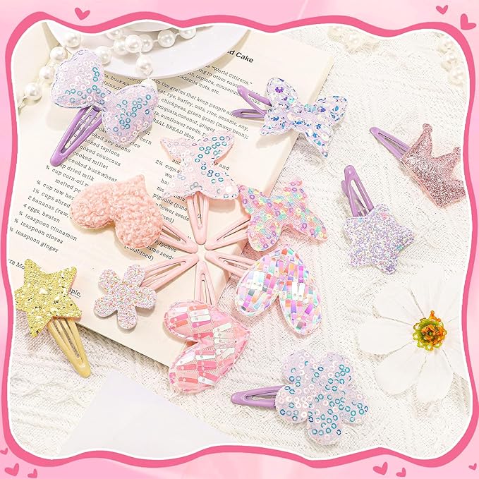 obeoby 24 Pack Toddler Hair Clips for Girls, Star Heart Butterfly Shaped Hair Barrettes Metal Snap Hair Clips Hair Accessories for Baby Girls Holiday Birthday Gifts