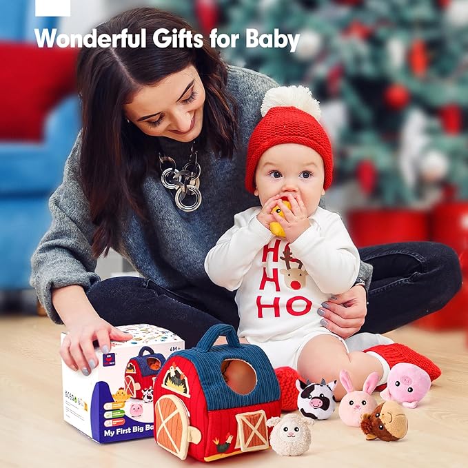 hahaland Baby Toys 6-12 Months - Surprise Barn Stuffed Farm Animals, Rattle, Crinkle, Mirror, Montessori Toys for 6 Month Old Sensory Balls 1-3, Baby Boy Gifts, Farm Plush Toys for Babies Travel Toy