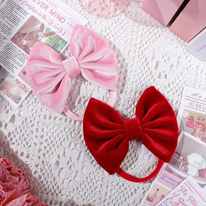 Velvet Baby Girls Bows Elastic Nylon Headbands Red Pink Handmade Newborn Bows Hairbands Infants Toddlers Hair Accessories 3 Pcs Red Rose Pink