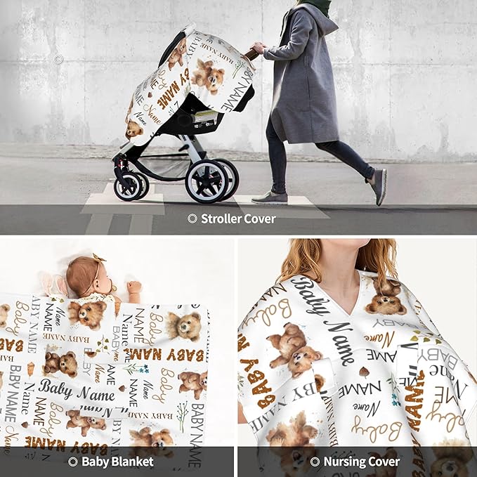 Personalized Baby Car Seat Cover Winter Custom Minky Carseat Cover Boy Girls with Name Bear Carseat Canopy Customized Car Seat Canopy Infant Carrier Covers Nursing Cover Toddler Blanket