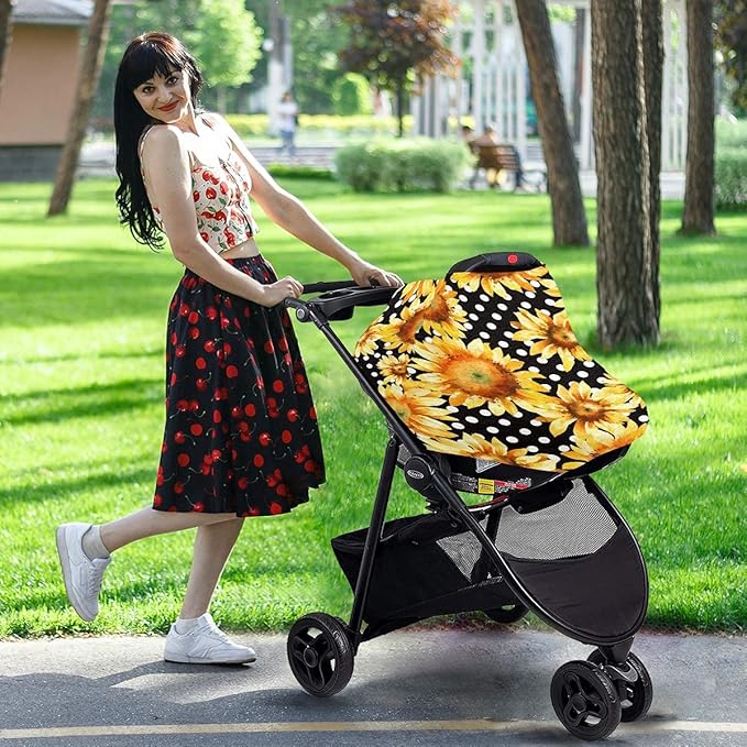 Sunflower Floral Polka Dot Baby Car Seat Covers, Nursing Cover Breastfeeding Scarf Soft Breathable Stretchy Coverage, Infant Stroller Cover for Boys Girls